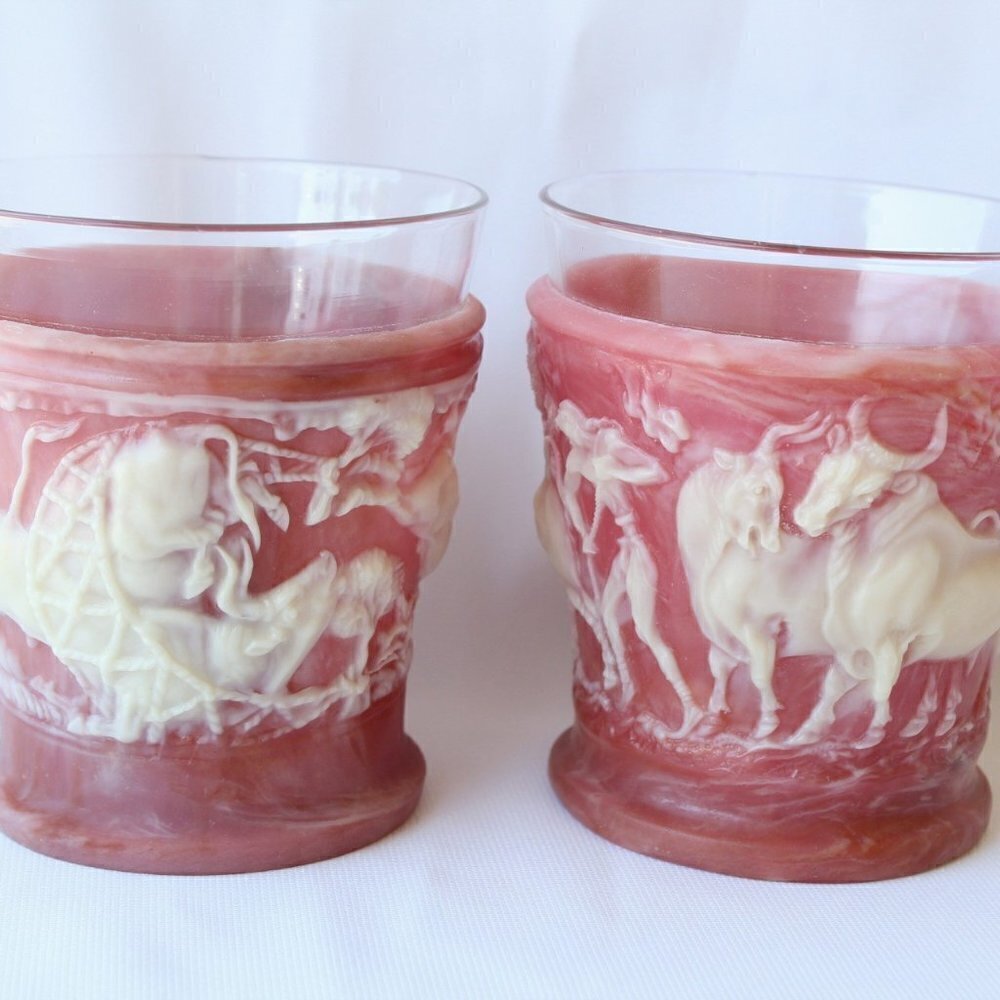 VTG 1960's genuine incolay stone pair candle holders bull Victorian design pink